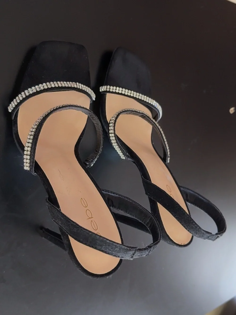 bebe Black Suede Rhinestone Strap High Heels